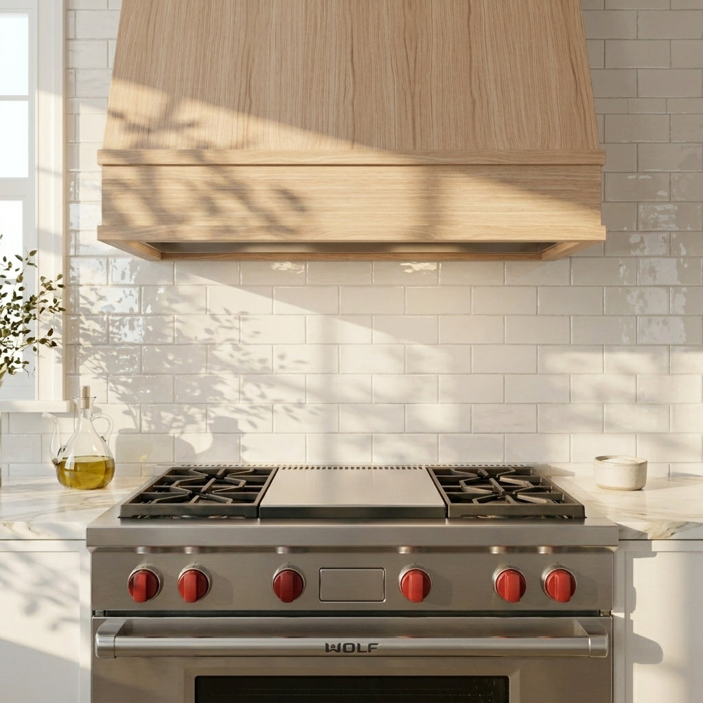 quality white oak rangehood, Stainless steel stove with red knobs in a kitchen setting