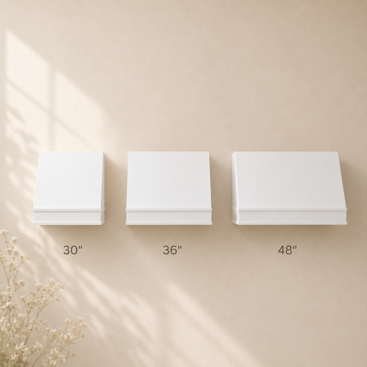 Three rangehoods in different widths, 30" rangehood, 36" rangehood and 48" rangehood